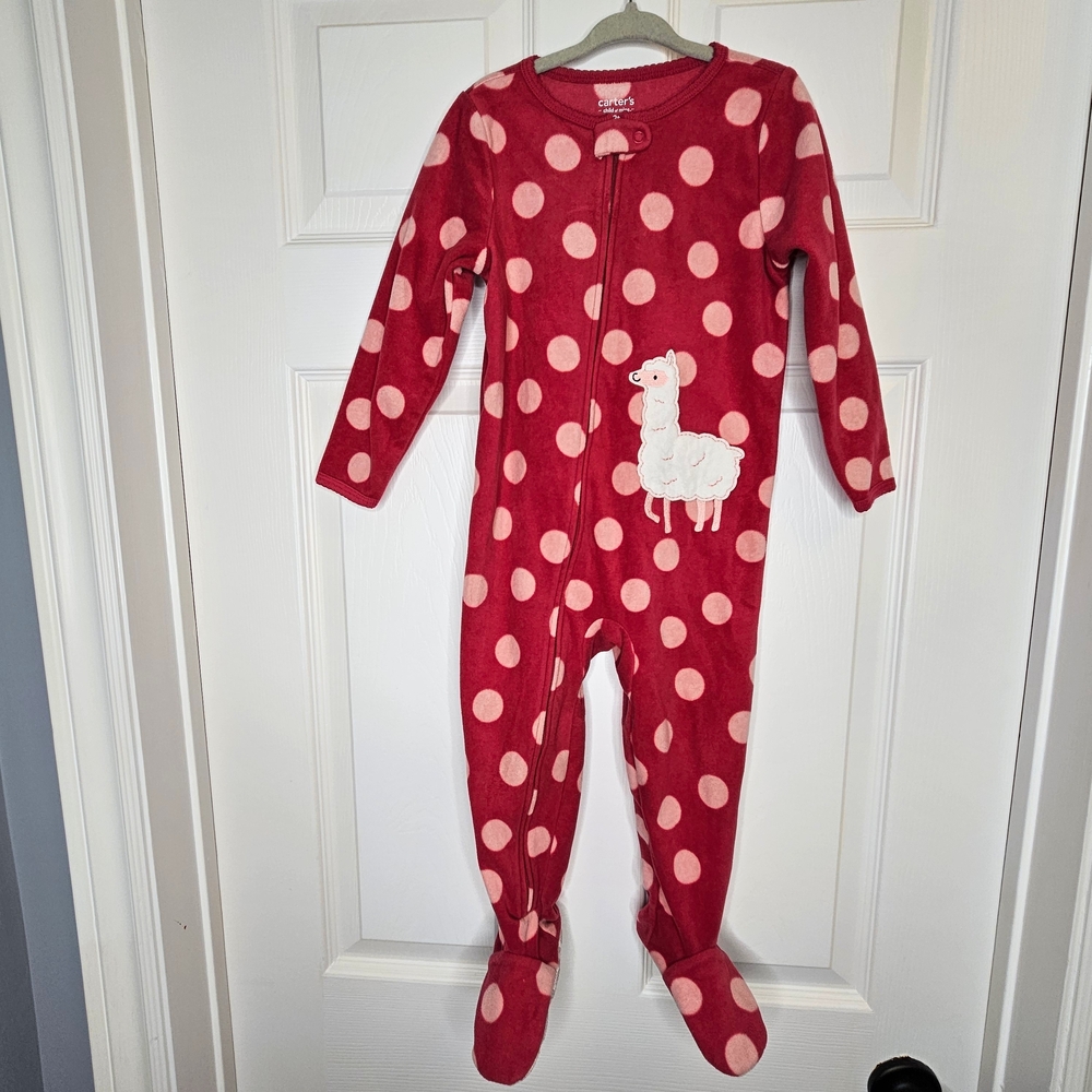 Carter's Girls Pink Polka Dot Fleece Footie Pajamas Llama Graphic Size 2T